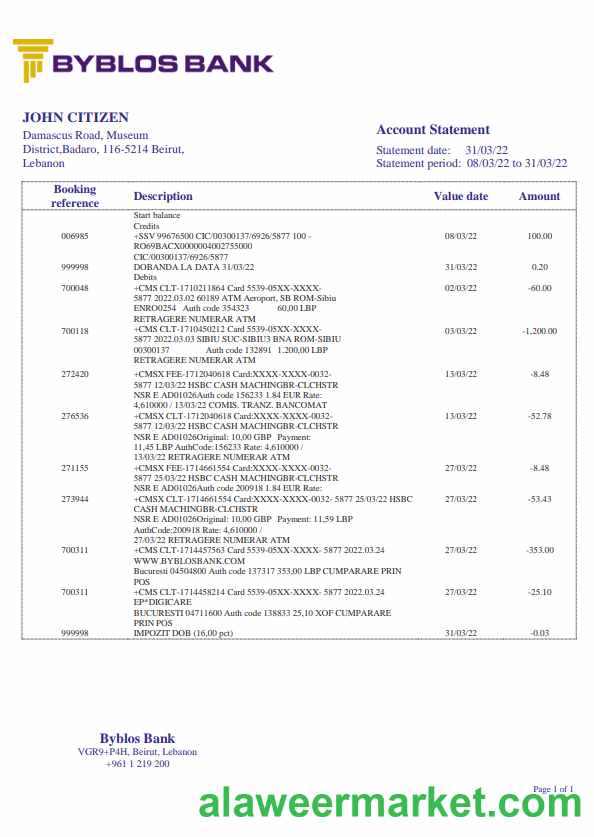 Lebanon Byblos Bank statement template in Word and PDF format